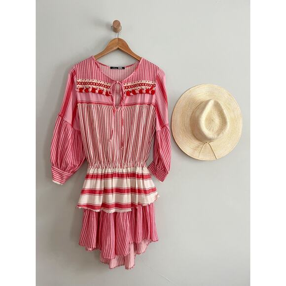 Devotion Twins | Greek Embroidered Tunic Boho Dress | Red Pink | Sz XS - Picture 1 of 16